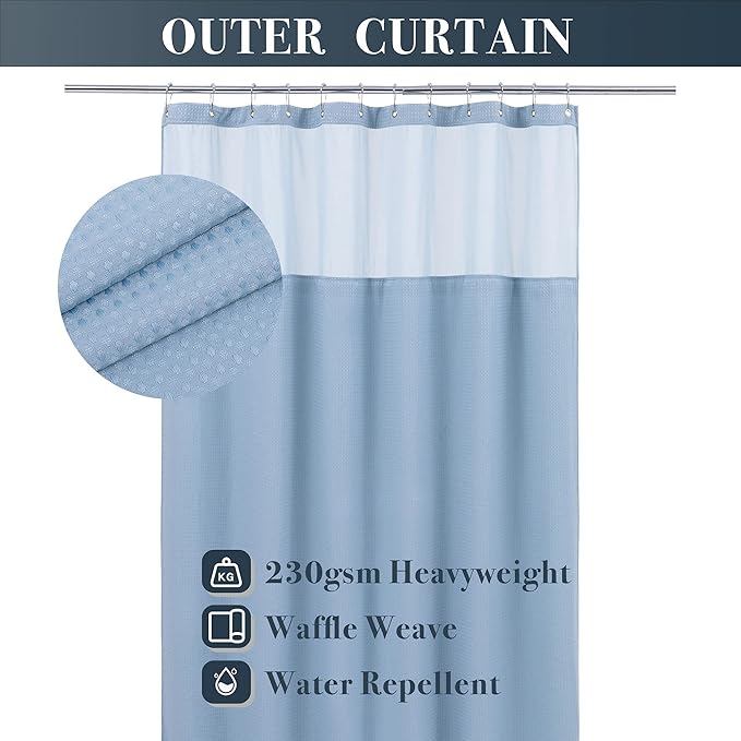 N&Y HOME Waffle Weave Shower Curtain with Snap-in Fabric Liner & Hooks Set - Hotel Style, Waterproof & Washable, Heavyweight Fabric & Mesh Top Window - 71x72, Blue
