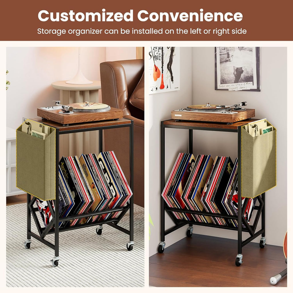 Giantex Record Player Stand, Rolling 2-Tier Turntable Stand with Storage Shelf Up to 130 Albums, Record Player Table w/Metal Frame & Magazine Holder, Vinyl Record Storage for Living Room, Black