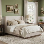 53" Majestic Wingback Bed Frame Queen - Premium Cream White Boucle Upholstered Platform Bed with Gray Oak Wood Base, 1000lbs Heavy Duty, No Box Spring Required（Queen U.S. Standard