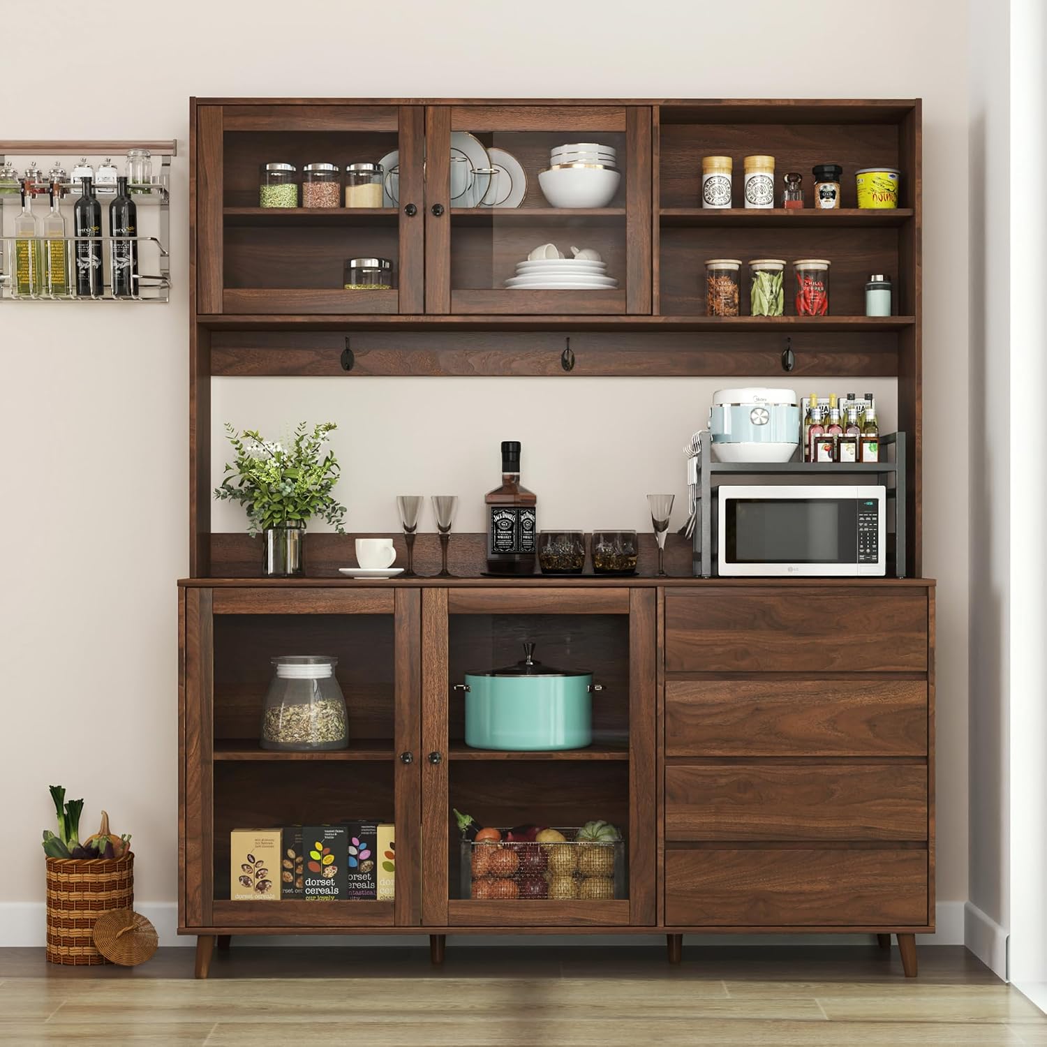 63" Large Kitchen Hutch Cabinet with 4 Doors, 4 Drawers and Microwave Shelf, Farmhouse Pantry Storage Cupboard with Countertop for Kitchen and Dining Room(Walnut Brown)