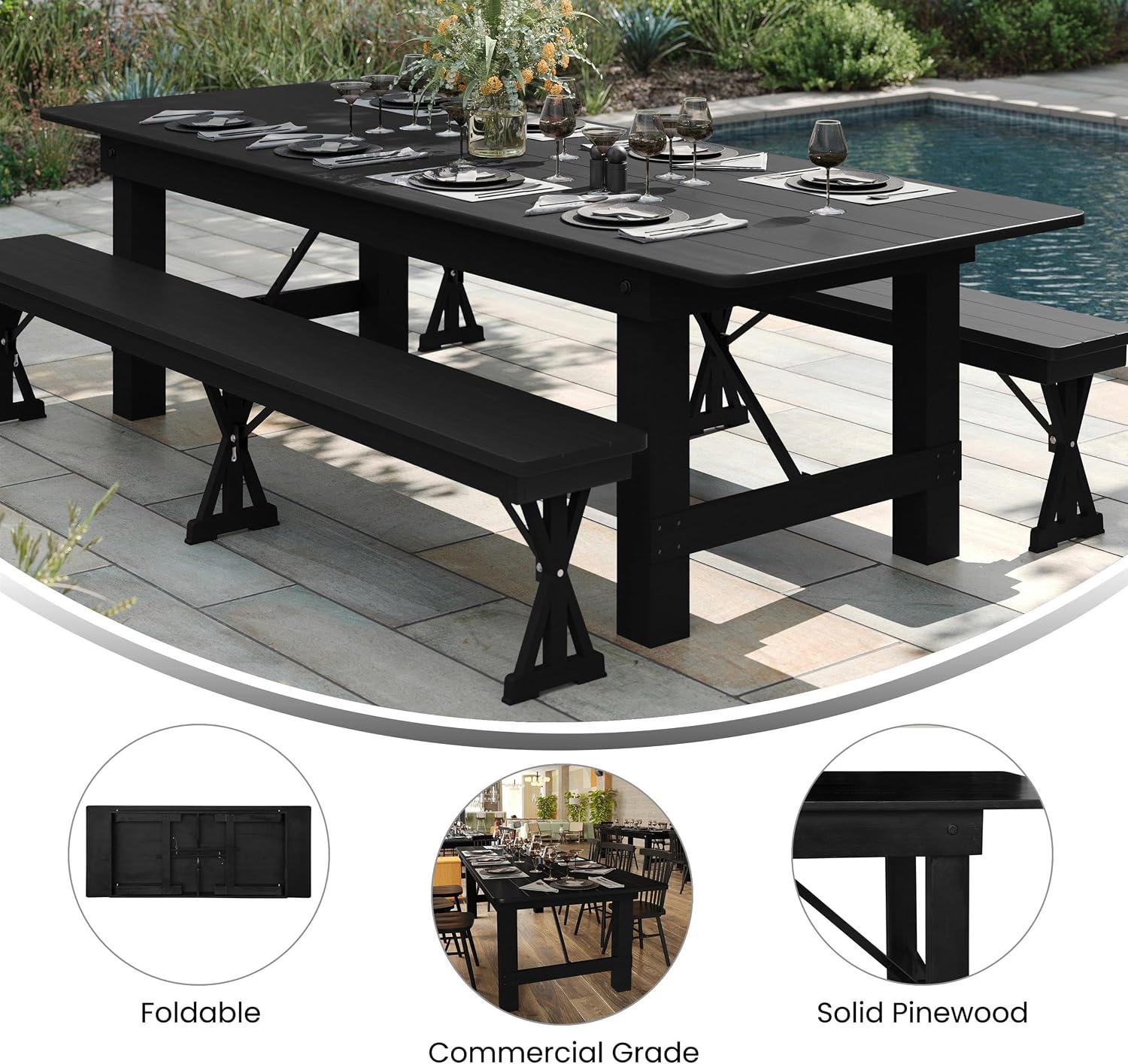 Flash Furniture Hercules Commercial Rectangular Farmhouse Folding Table, Antique Rustic Solid Pine Dining Room Table, Foldable Locking Legs, 8' x 40", Black Wash