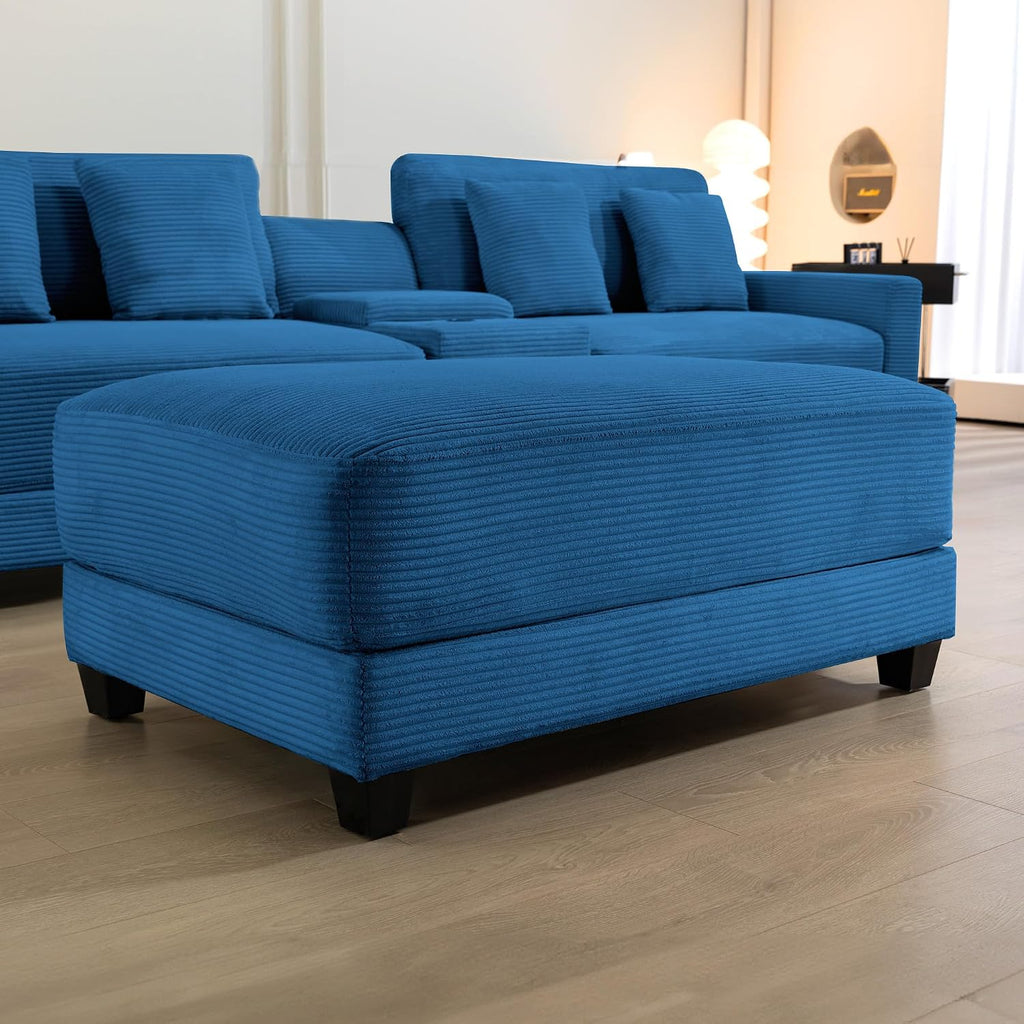 Corduroy Ottoman for Sectional Sofa, Modular Footrest with Wooden Legs, 43.7 x 29.1 x 18.5 Inches, Convertible Furniture for Living Room,Blue