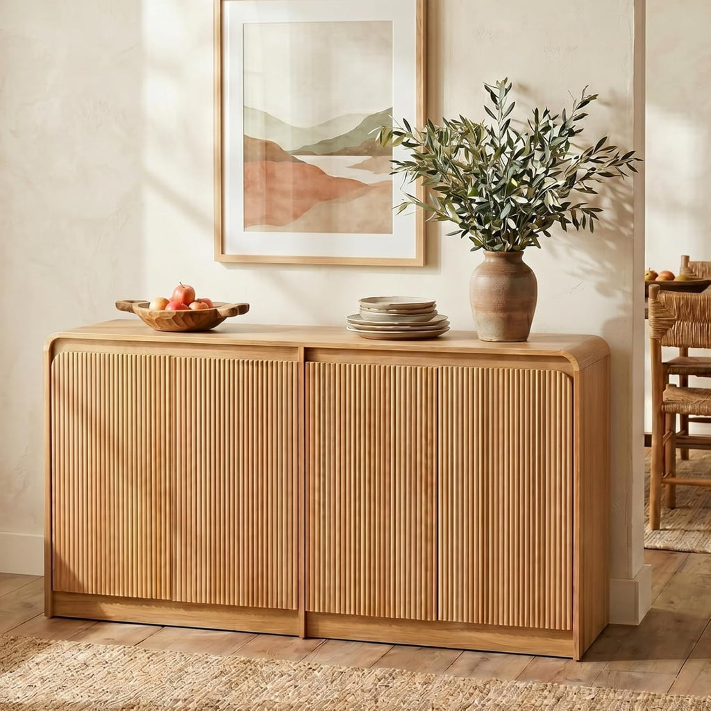 FURSUN 61" Modern Fluted Sideboard with Curved Design, 4-Door Buffet Cabinet with Adjustable Shelves, Large Wood Coffee Bar Station for Dining Room & Kitchen(Natural Oak)