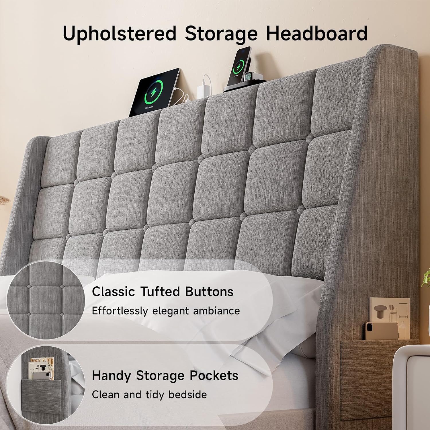 ONBRILL Queen Headboard Only with Charging Station, Soft Chenille Fabric