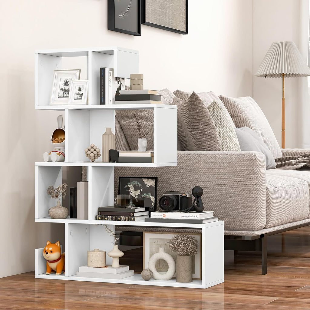 GIANTEX 5-Tier S-Shaped Bookshelf, Geometric Bookcase w/Open Cubes, Modern Decorative Display Shelf w/Anti-Toppling Kits, Freestanding Storage Rack for Living Room, Study, Home, Office, White