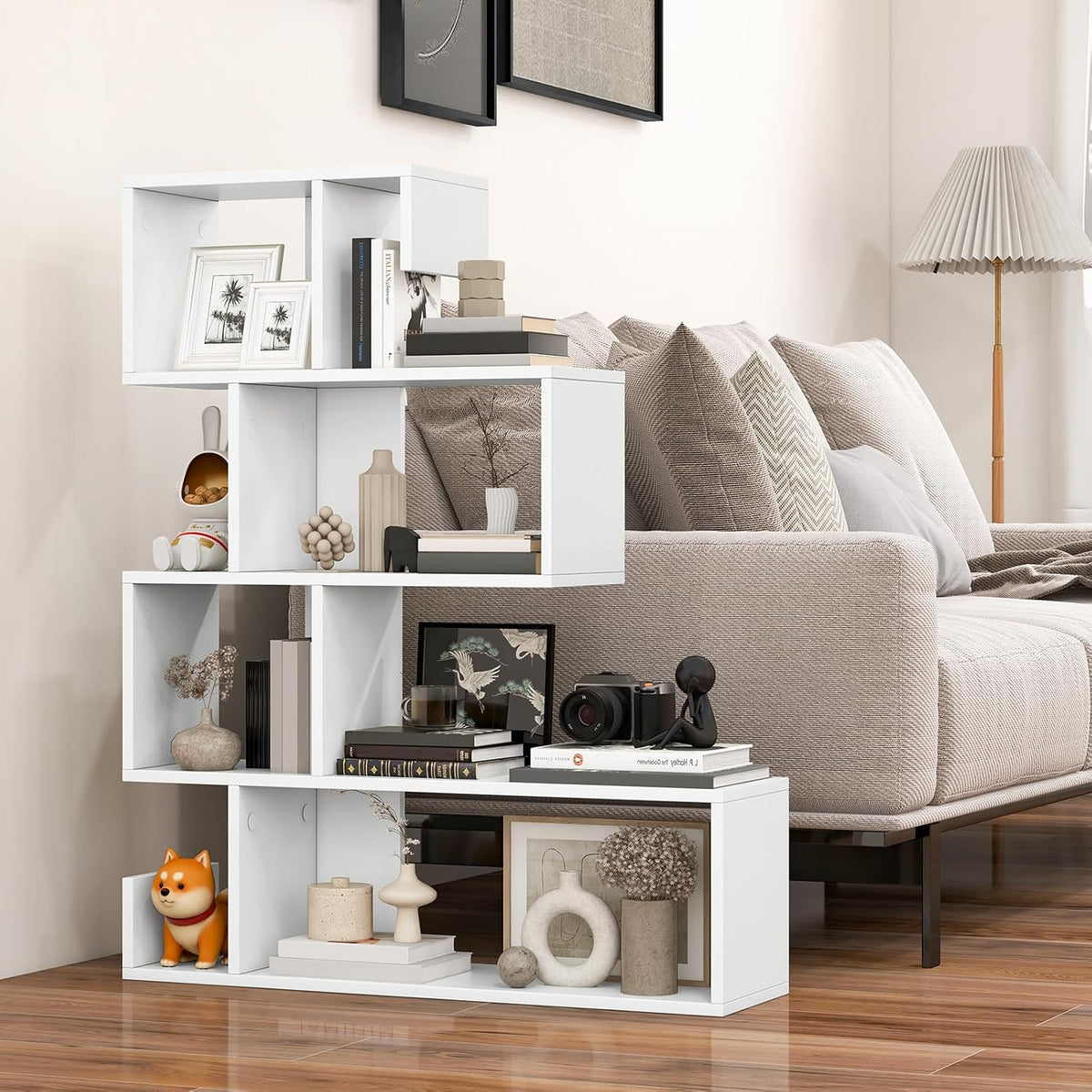 GIANTEX 5-Tier S-Shaped Bookshelf, Geometric Bookcase w/Open Cubes, Modern Decorative Display Shelf w/Anti-Toppling Kits, Freestanding Storage Rack for Living Room, Study, Home, Office, White