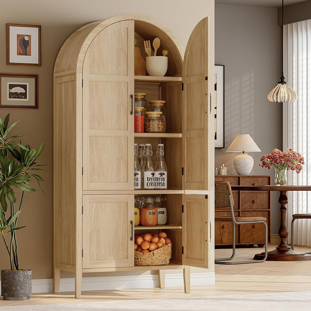 ONBRILL 71" Tall Wooden Arched Cabinet, 5-Tier Arched Kitchen Pantry Cabinet with Doors & Shelves, Farmhouse Kitchen Arch Cabinets with Adjustable Feet, Wooden Pantry Storage for Dining Room(Oak)