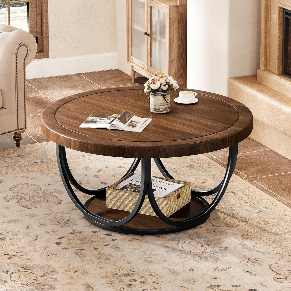 Tribesigns Round Coffee Table with 2 Tiers, 31.5" Wooden Circle Accent Cocktail Table with Storage Shelf and Metal Frame, Industrial Center Tables for Living Room, Brown & Black