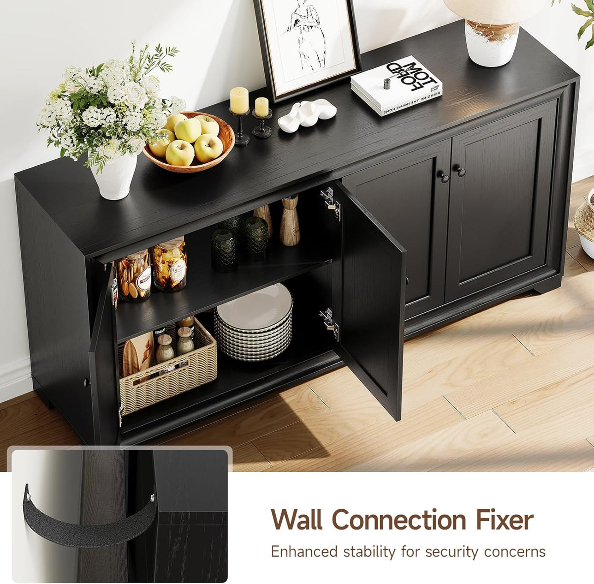 ONBRILL 60" Buffet Cabinet with Storage, 4 Doors Sideboard Buffet Cabinet with Adjustable Shelves, Modern Coffee Bar Console Table for Living Room, Kitchen, Entryway, Black
