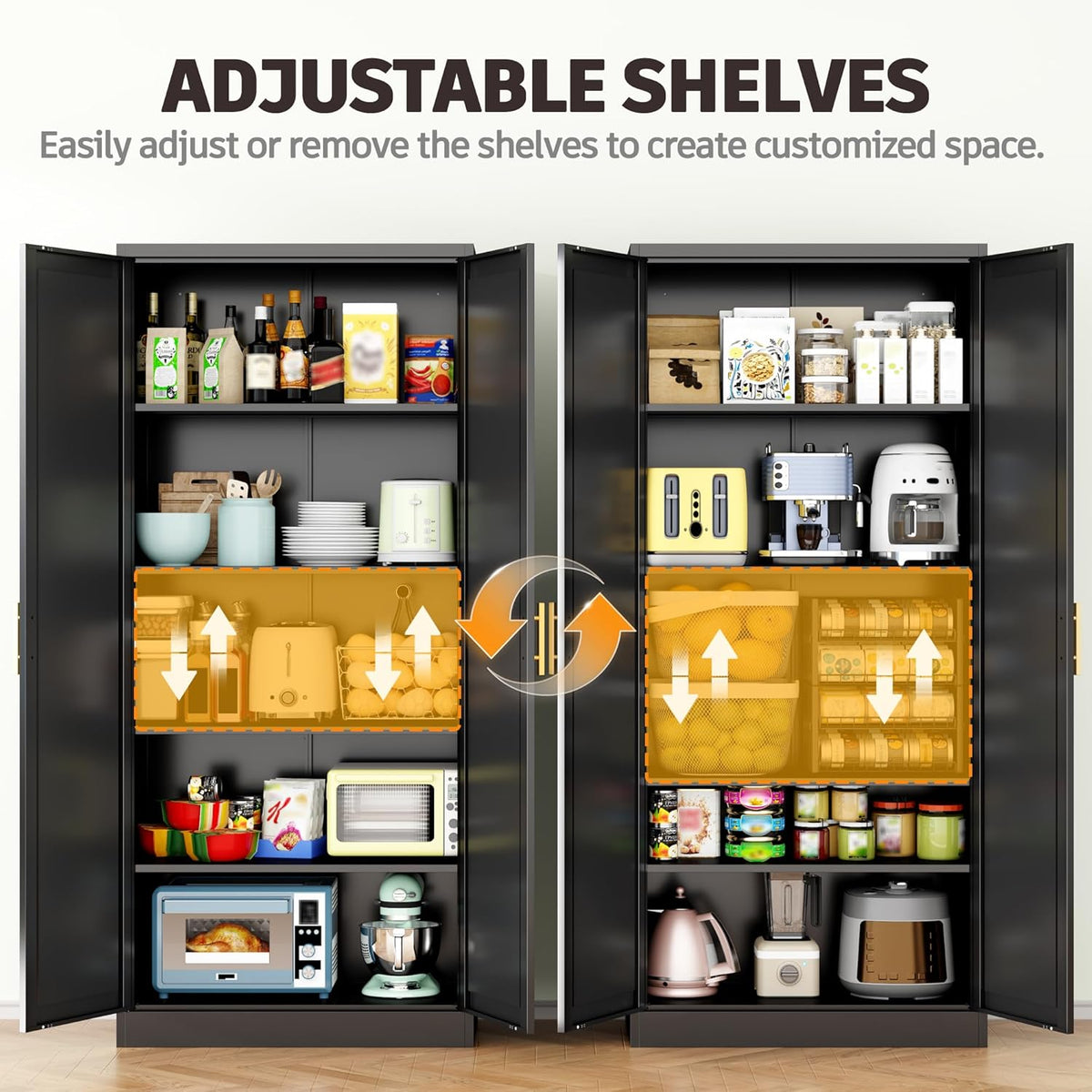71” Tall Kitchen Pantry Cabinet, Metal Storage Cabinet with 2 Doors and 4 Adjustable Shelves for Kitchen, Living Room, Laundry Room