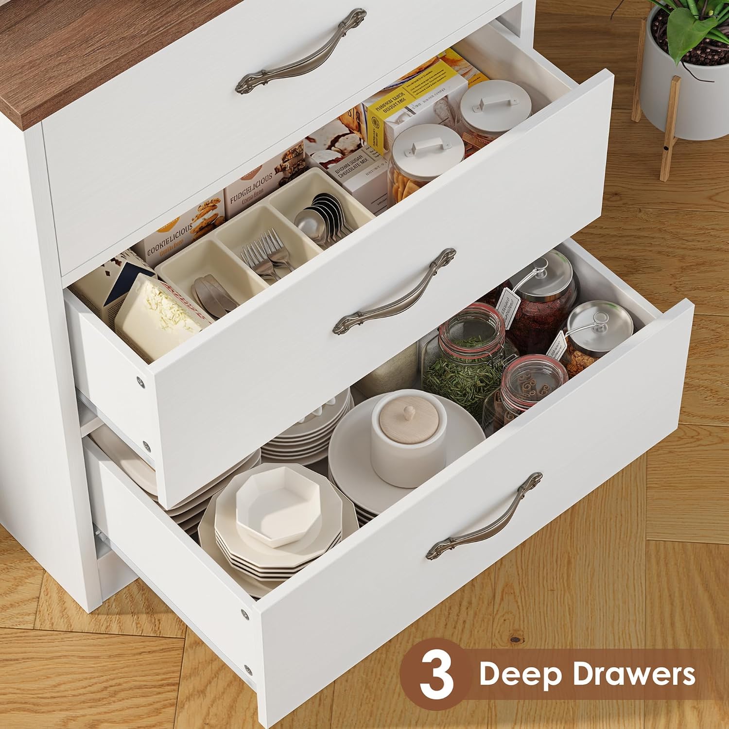 Keyluv 71“ Tall Kitchen Pantry Storage Cabinet with Microwave Stand, Buffet Kitchen Hutch with Shelves and Drawers, Wood Coffee Bar Pantry Cabinet with Glass Doors, for Dining Room/Small Space, White