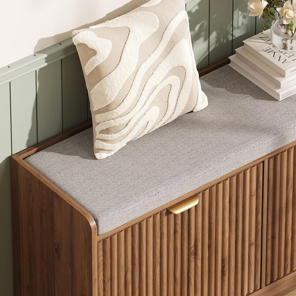 Maupvit Fluted Shoe Bench with 2 Flip-Drawers, 39.4" Narrow Entryway Bench with Shoe Storage and Seat Cushion, Adjustable Shelf, Walnut Hidden Shoe Rack Bench for Front Door Entrance, Hallway