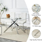 51" Rectangular Glass Dining Table Modern Kitchen Glass Top Table for 4 with Silver Metal Legs, Clear Dining Table Kitchen Table for Home Office Dining Room