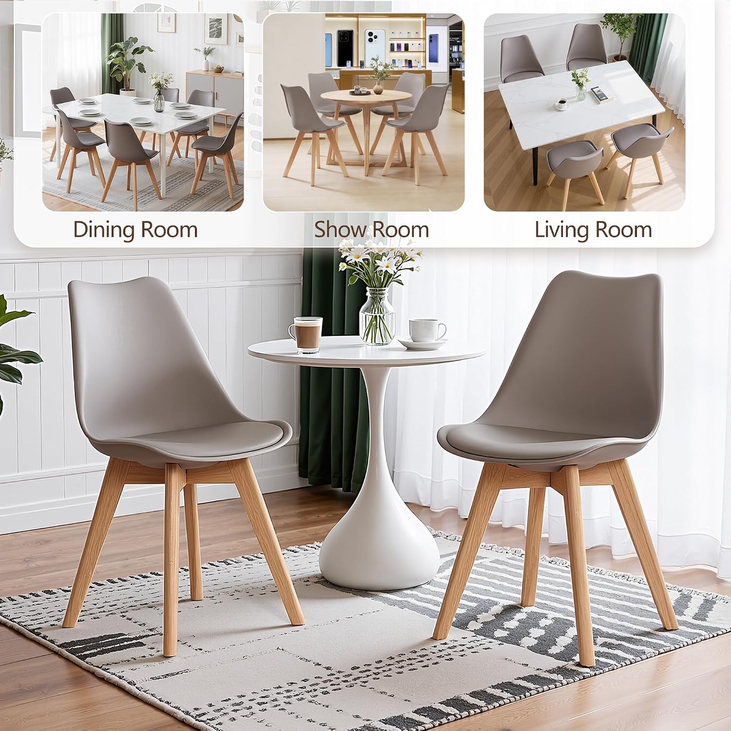 VECELO Dining Chairs Set of 4, Mid-Century Modern Kitchen & Dining Room Chairs, PU Leather Upholstered Seat, Solid Wood Legs, Armless, Non-Slip Feet, Grey
