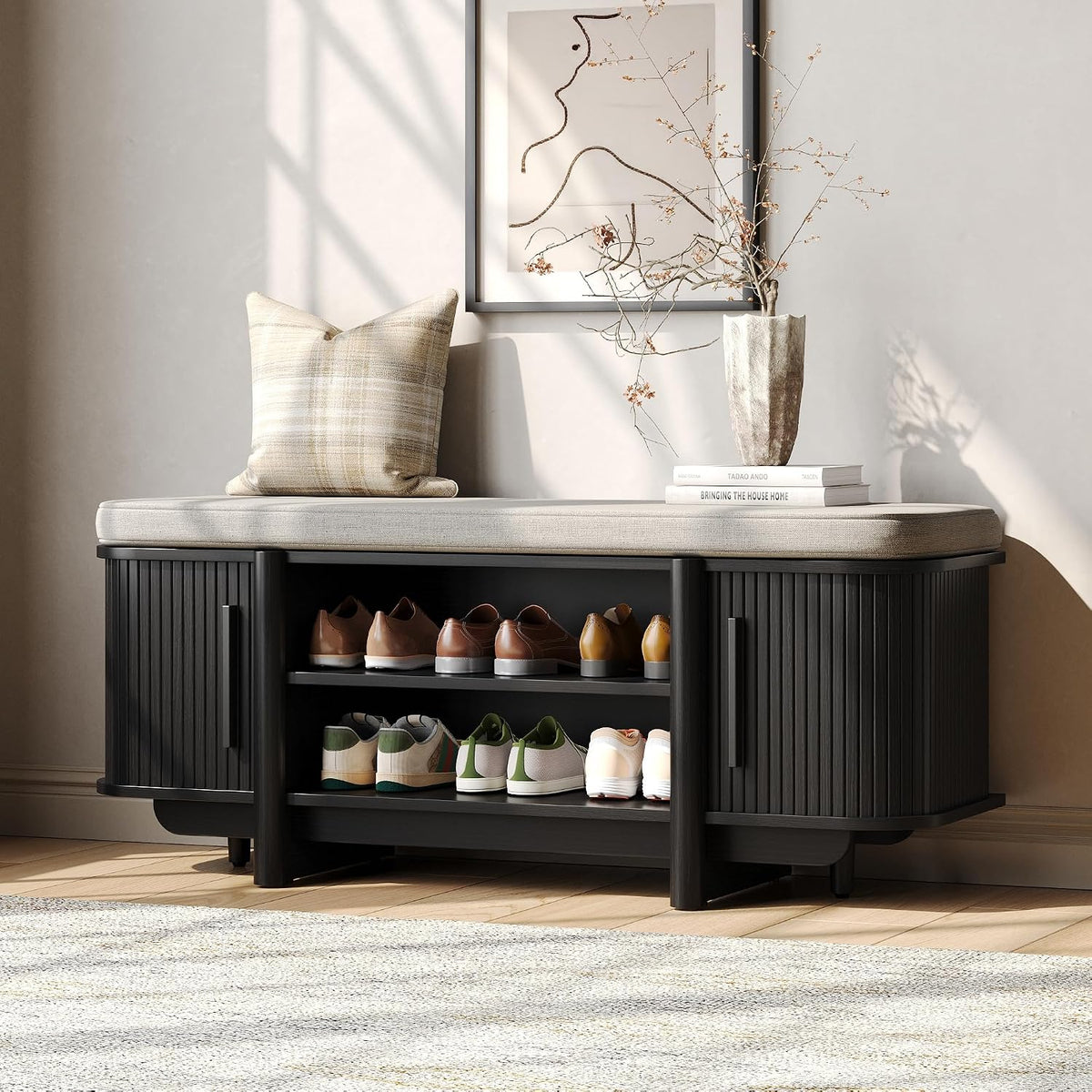 Maupvit Entryway Shoe Storage Bench with Sliding Doors, 2-Tier Upholstered Shoe Rack Bench with Hidden Storage, Wooden Shoe Organizer with Padded Cushion for Hallway, Mudroom, Bedroom, Black Finish
