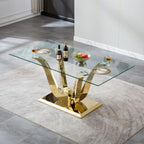 70" Modern Glass Dining Table for 6-8, Luxury Gold Glass Dining Room Table with Mirrored Floral-Shape Stainless Steel Base, Rectangle Kitchen Dinner Tables for Dining Room Kitchen
