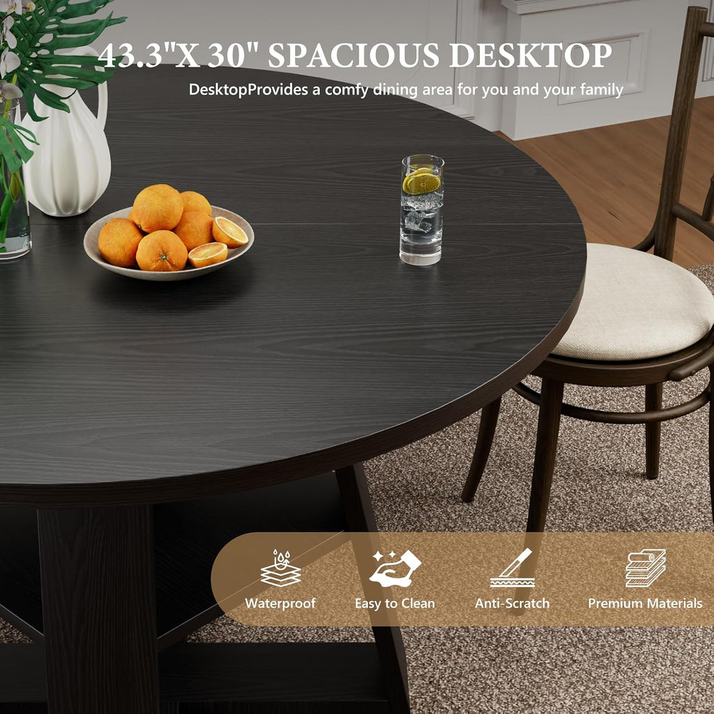 43 inch Round Dining Table for 4-6, Dining Table with Storage Shelf, Wood Grain Top, Sturdy Wood Legs, Space Saving Dinner Tables, Circle Kitchen Tables