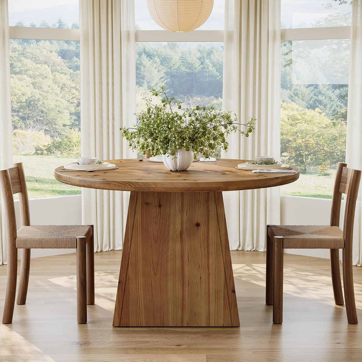 Solid Wood Round Dining Table for 4, Small Circle Kitchen Table with Thickened Top & Sturdy Pedestal Base for Dining Room, Living Room, Kitchen, 39.4 x 29.5 Inches, Farmhouse Style (Table Only)