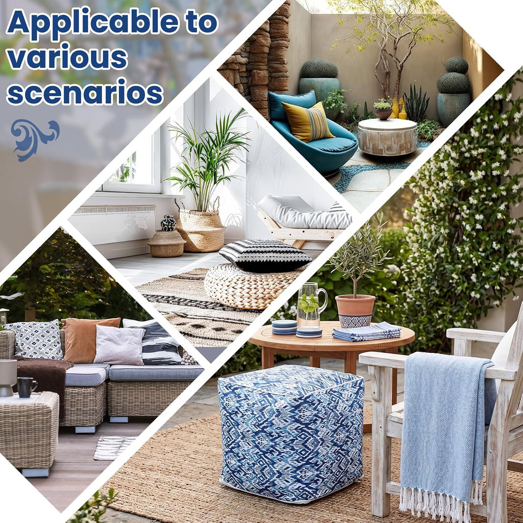 Juexica 2 Pack Inflatable Outdoor Ottoman Pouf Waterproof Cube 16" Square Blow up Ottoman Footrest with Handle Outdoor Portable Footstool for Patio Garden Camping or Home Pool(Diamond Stripes,Blue)