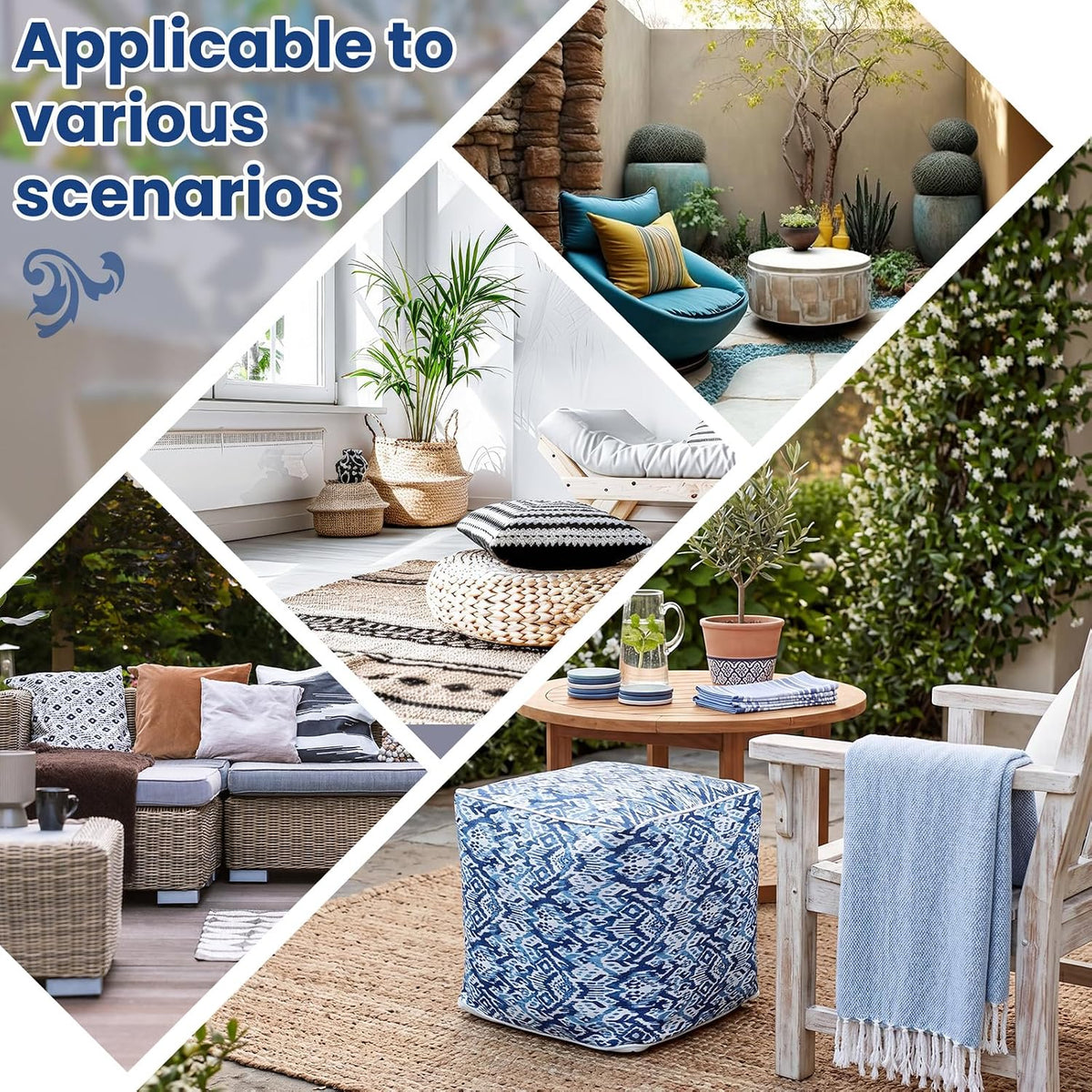 Juexica 2 Pack Inflatable Outdoor Ottoman Pouf Waterproof Cube 16" Square Blow up Ottoman Footrest with Handle Outdoor Portable Footstool for Patio Garden Camping or Home Pool(Diamond Stripes,Blue)