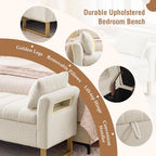 66" King Size Storage Bench for Bedroom End of Bed Benches with Storage | Bedroom Benches for Foot of Bed King with Gold Legs,2 Pillows,Storage Ottoman Bench for Bedroom,Entryway Teddy Ivory White