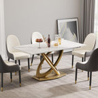 Montary Artificial Marble Dining Table, Modern 63”Sintered Stone Dining Table for 4-6 Seat, White Rectangle Dining Room Table with Gold Double-Ring Stainless Steel Base (Only Table)