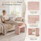 LUE BONA Modern Grid Tufted Vanity Bench Stool, 4.33'' Thick Chenille Upholstered Ottoman Footstool for Makeup Room, Bedroom & Living Room, 200lbs Capacity, Pink
