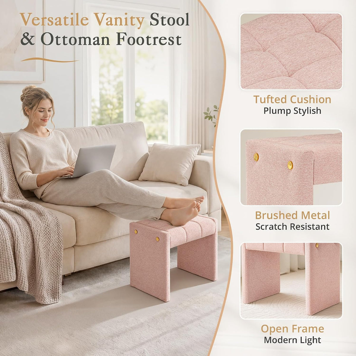 LUE BONA Modern Grid Tufted Vanity Bench Stool, 4.33'' Thick Chenille Upholstered Ottoman Footstool for Makeup Room, Bedroom & Living Room, 200lbs Capacity, Pink