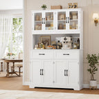 BOTLOG 71" Large Pantry Storage Cabinet with Microwave Stand | Tall Hutch Cabinet with Glass Doors 8 Storage Compartments for Dining Room, Modern White