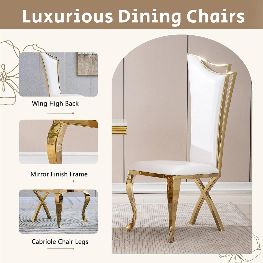 7 Piece Marble Dining Table Set for 6, Luxury Gold Kitchen Table and Chairs Set of 6, 68" White Marble Pedestal Dining Room Table with 6 PU Leather Chairs for Kitchen Dinette Furniture