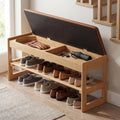 Giantex Shoe Rack Bench with Storage, Rubberwood Entryway Bench with Faux Leather Seat Cushion, Flip-Open Storage, 2-Tier Modern Shoe Rack Organizer for Entryway, Living Room, Bedroom (Brown)