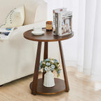 Round Living Room End Table - Walnut Solid Wood Round Side Table with Lower Shelf for Living Room Couch, Bedroom Nightstand