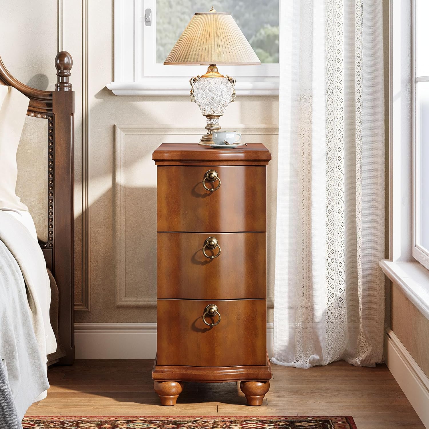 Tribesigns Wood Fully Assembled End Table, 3-Drawers Narrow Slim Side Table, No Assembly Required, Nightstand for Bedside, Small Spaces, Living Room, Bedroom, Walnut Brown