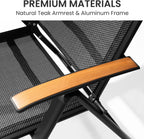 Crestlive Products Folding Patio Chairs Set of 2, 8-Level Adjustable Outdoor Recliner Chairs with Teak Armrest Aluminium Frame for Pool, Backyard, Black, DC071