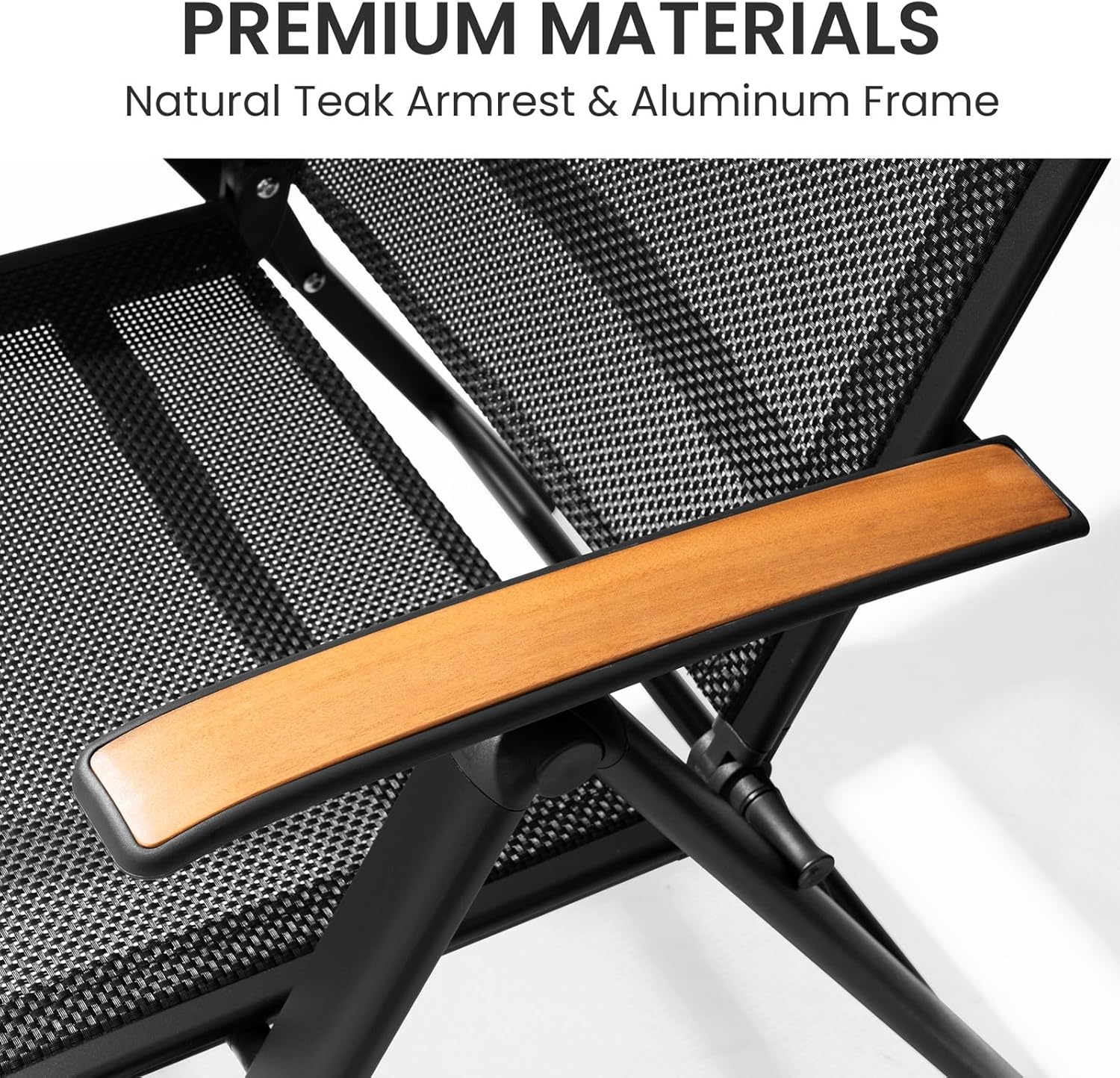 Crestlive Products Folding Patio Chairs Set of 2, 8-Level Adjustable Outdoor Recliner Chairs with Teak Armrest Aluminium Frame for Pool, Backyard, Black, DC071