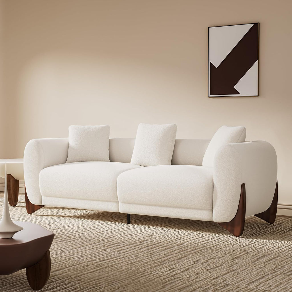 Morden Fort Modern Cloud Couch - 3 Seater Sherpa Boucle Sofa with Wood Legs, Ultra-Thick High Resilience Cushion with 3 Matching Pillows Upholstered Comfy Couch Sofa for Living Room - Off White 87''
