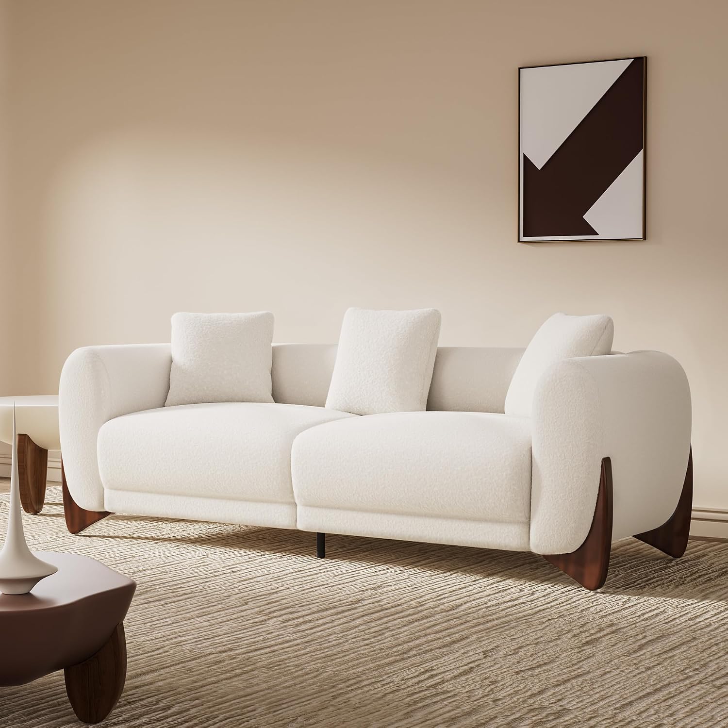 Morden Fort Modern Cloud Couch - 3 Seater Sherpa Boucle Sofa with Wood Legs, Ultra-Thick High Resilience Cushion with 3 Matching Pillows Upholstered Comfy Couch Sofa for Living Room - Off White 87''