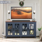 Joaxswe Large Sideboard Buffet Cabinet with Storage, 63" Farmhouse Navy Blue Kitchen Coffee Wine Bar Cabinet with 4 Glass Doors, Mid Century Modern Wood Side Board Table for Dining Room, Living Room