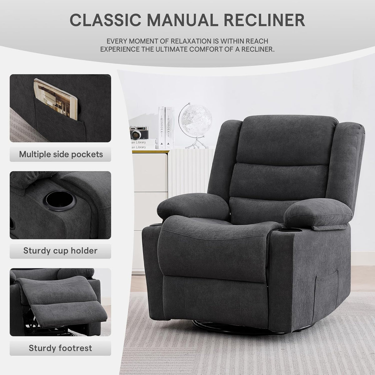 360°Swivel Rocking Chairs for Adult,Recliner Chair with Side Pockets and Cup Holders,Rocker Recliner with a Suitable for Living Rooms,Bedrooms,Grey