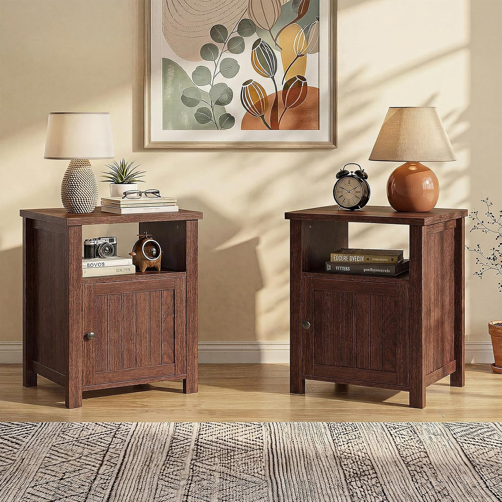 ChooChoo Farmhouse Nightstands Set of 2, Rustic Vintage End Side Table with Storage and Open Shelf, Small Bedside Tables for Bedroom, Walnut