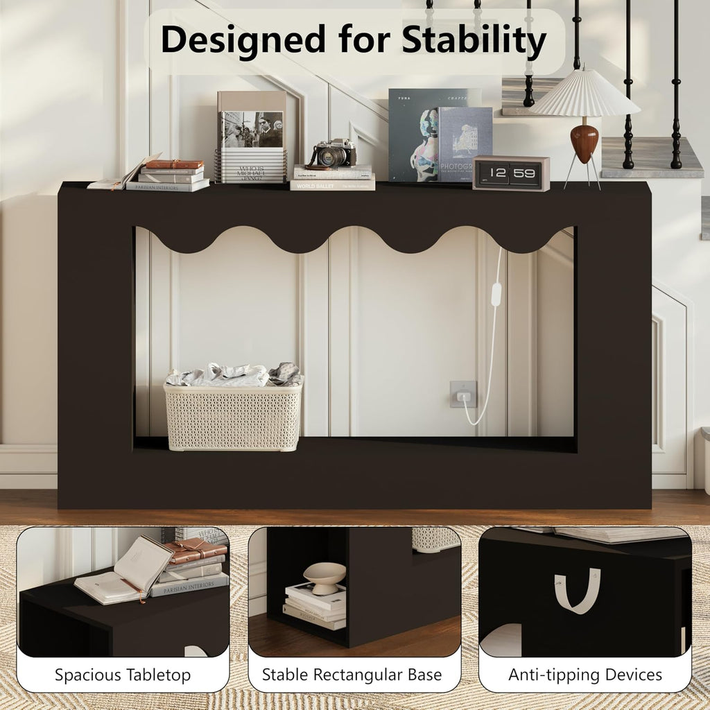 63-Inch Smart Console Table with App & Button Controlled RGB Lights, Wavy Edge Wood Farmhouse Entryway Table, Rectangular Accent Sofa Table Behind Couch for Hallway Foyer Entrance, Black