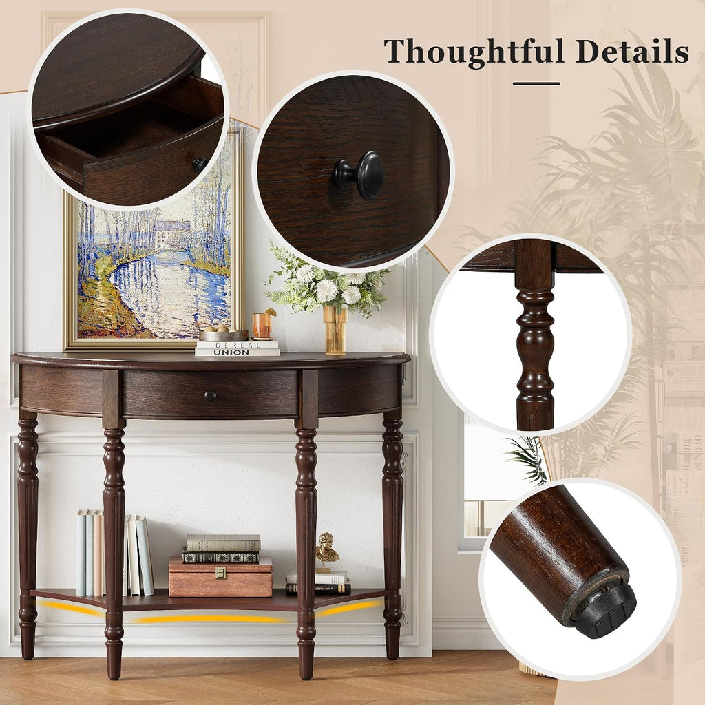 LUMISOL Half Moon Console Table with Drawer, 39'' Farmhouse Entryway Table with Shelf, Rustic Sofa Tables for Living Room Foyer Hallway, Espresso