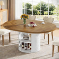 43.3in-59in Extendable Round Dining Table for 4-6, Modern Oval Dining Table with Storage Shelf & White Metal Frame, Space-Saving Expandable Table for Kitchen & Living Room, Oak