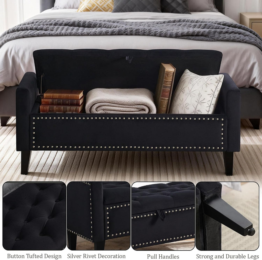 47in Velvet Storage Ottoman Bench with Arms, Upholstered Storage Bench with Wooden Legs, Storage Bench for Bedroom, Living Room, Entryway, Black