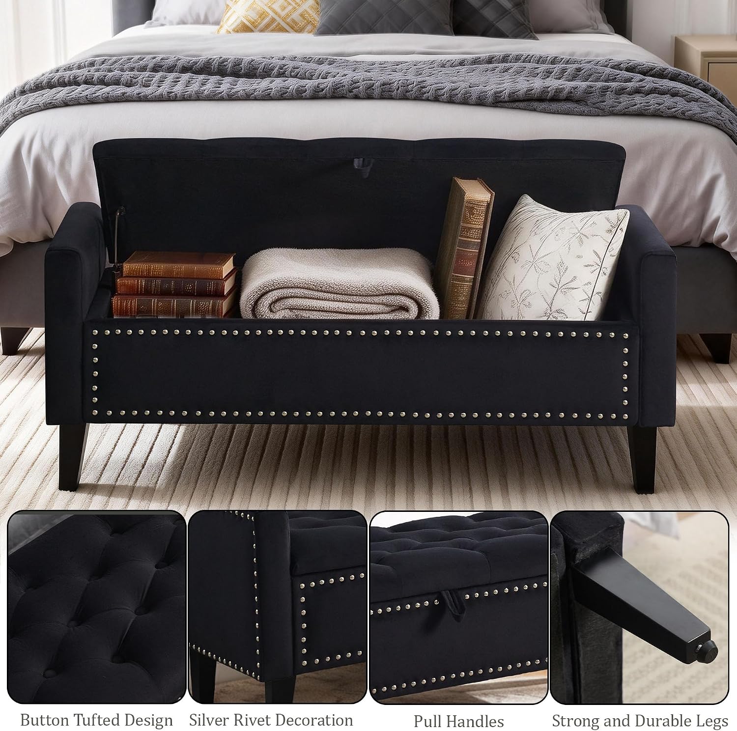 47in Velvet Storage Ottoman Bench with Arms, Upholstered Storage Bench with Wooden Legs, Storage Bench for Bedroom, Living Room, Entryway, Black