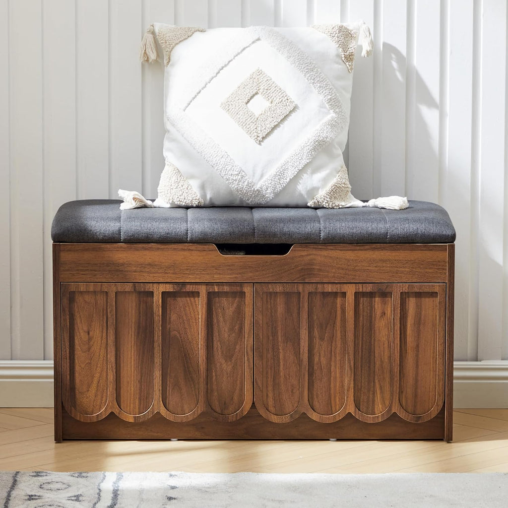 ORRD Shoe Storage Bench with Cushion, Entryway Shoe Cabinet Bench with 2 Scalloped Doors & Adjustable Shelf, 2-Tier Shoe Rack Organizer Cabine for Entryway, Hallway, Living Room (Walnut)