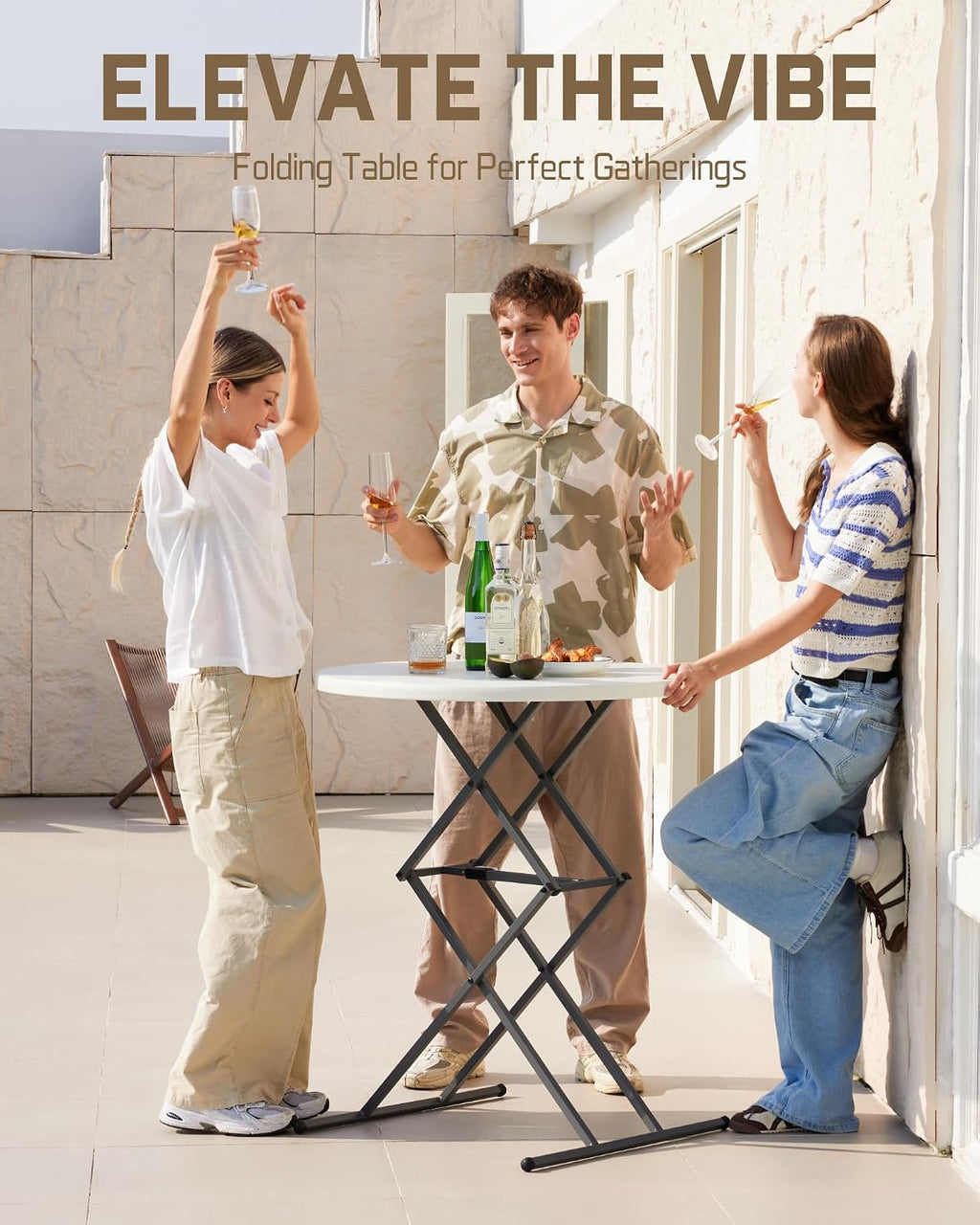 FanttikOutdoor Folding Table Round 32" Quick Adjust 4 Heights Party, Patio | One-Handed Adjustable Tall Bistro Foldable Bar Height Table, Cocktail, Backyard, Dining, Wedding, White Zeta O3 Pro