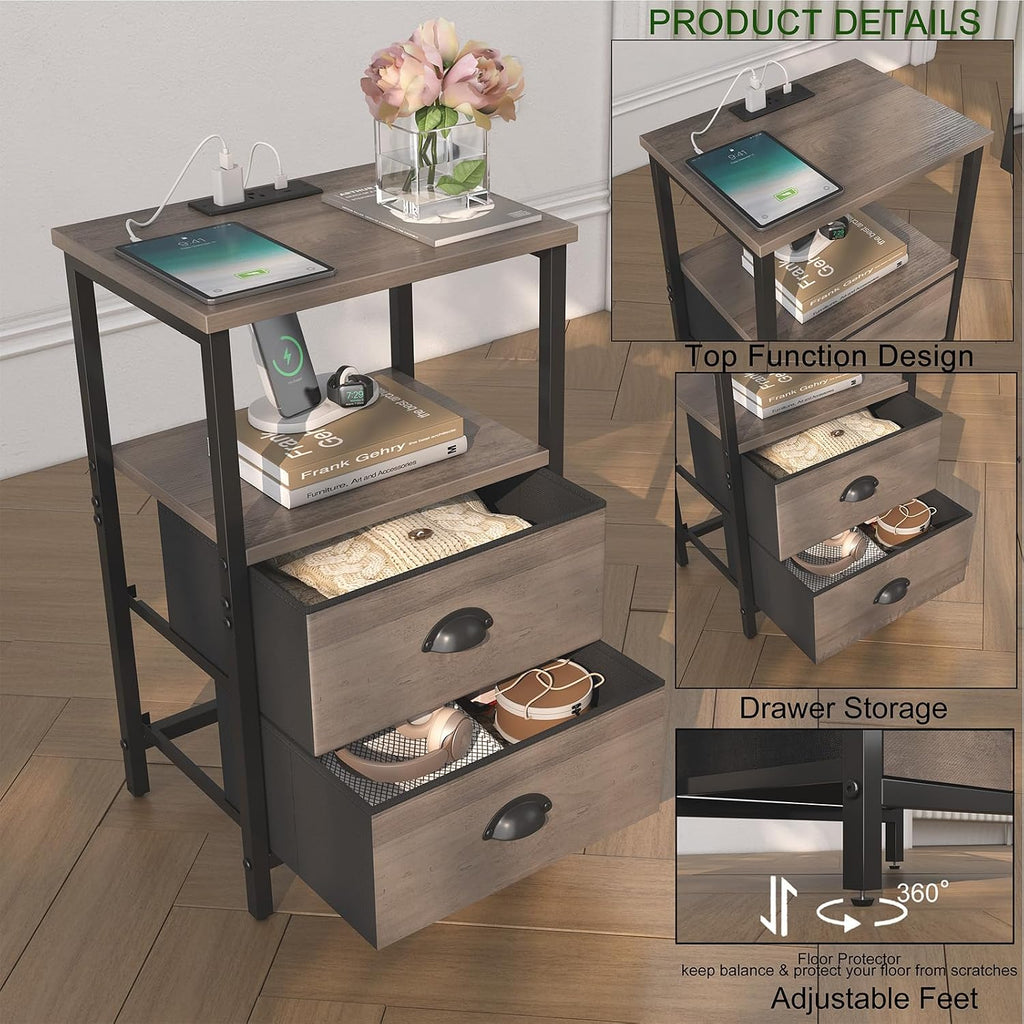 sthmec Nightstand with Charging Station, LED Night Stand Set of 2, Bedside Table End Table with Drawer, Bedroom Tables with 2 Fabric Drawers, 3-Tier Storage Side Table for Bedroom,Grey