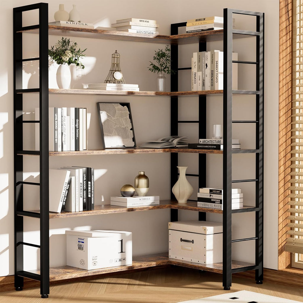 INNOD 65" X 50" Straight Wide 5 Tier Bookshelf with LED Light, L Shaped Bookcase with Adjustable Feet, Corner Book Case with 10 Open Shelves, Shelf Unit Display Shelf for Living Room, Home Office