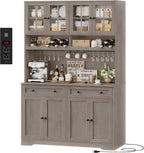 HOSTACK Kitchen Pantry Storage Cabinet, Coffee Bar Hutch Cabinet, Ash Gray | 75.4" Tall Pantry Cabinet with Charging Station / Countertop / Glass Doors / Wine Rack / Cup Holder / Drawers, Dining Room